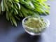 Fresh young barley grass with green barley grass powder